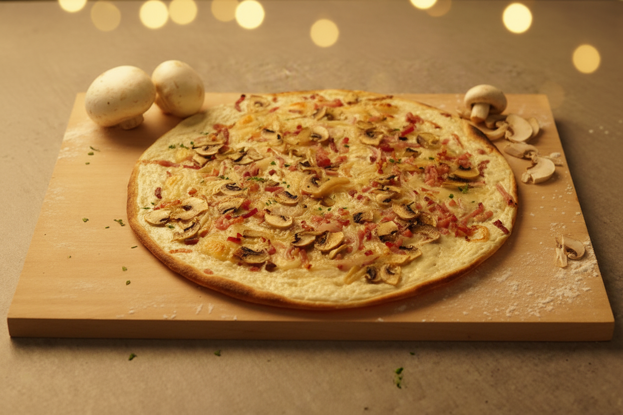Tarte flambée alsacienne à pâte fine garnie de crème fraîche, lardons et oignons sur planche en bois - Tradi-Pâtes