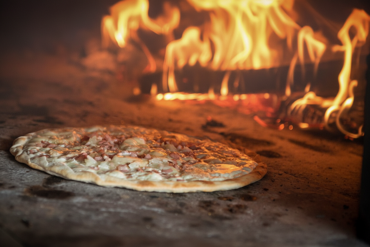 Tarte flambée alsacienne à pâte fine avec crème fraîche, lardons et oignons, cuite dans un four à bois artisanal - Tradi-Pâtes